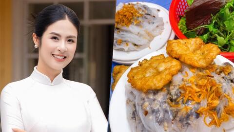 Hoa hậu Ngọc Hân hào hứng trải nghiệm đặc sản bánh cuốn chả mực tại Hạ Long