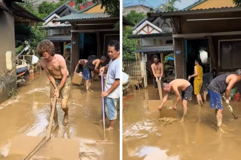 Khách Tây lội bùn, xắn tay cùng người Việt dọn dẹp sau bão lũ