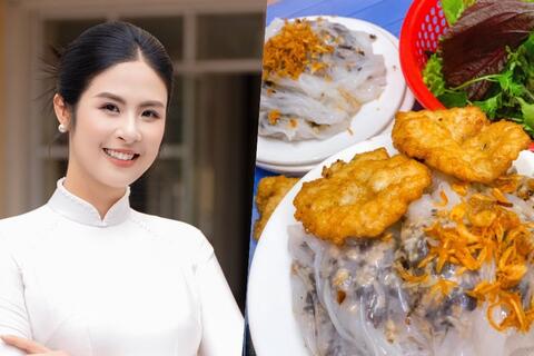Hoa hậu Ngọc Hân hào hứng trải nghiệm đặc sản bánh cuốn chả mực tại Hạ Long