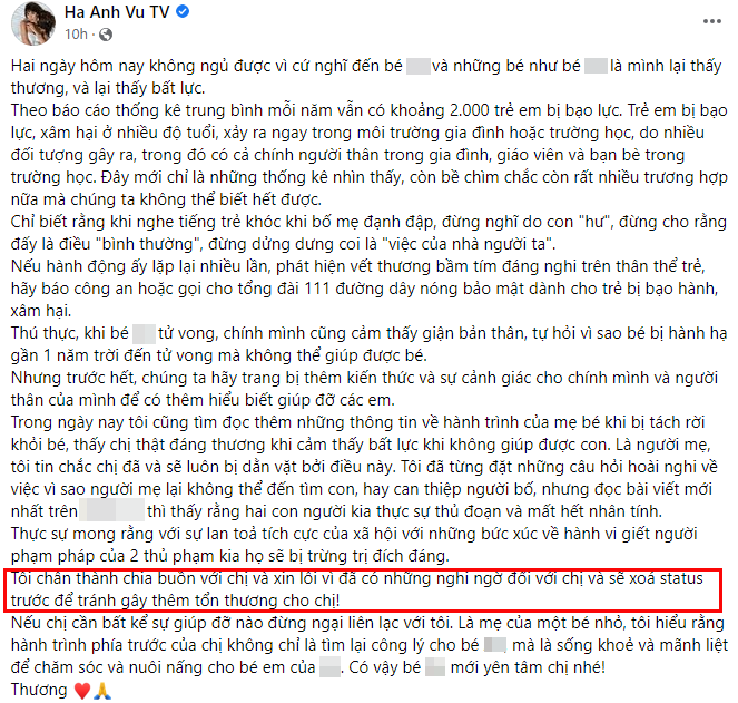 Hà Anh lên tiếng xin lỗi mẹ ruột bé gái 8 tuổi nghi bị bạo hành đến tử vong - Ảnh 2.