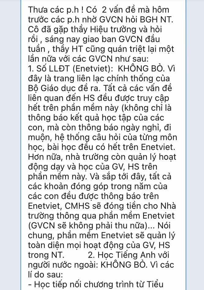 Nhiều phụ huynh phàn nàn khi phải đóng tiền ứng dụng sổ liên lạc điện tử eNetViet trong khi không có tác dụng, tuy nhiên nhà trường giải thích