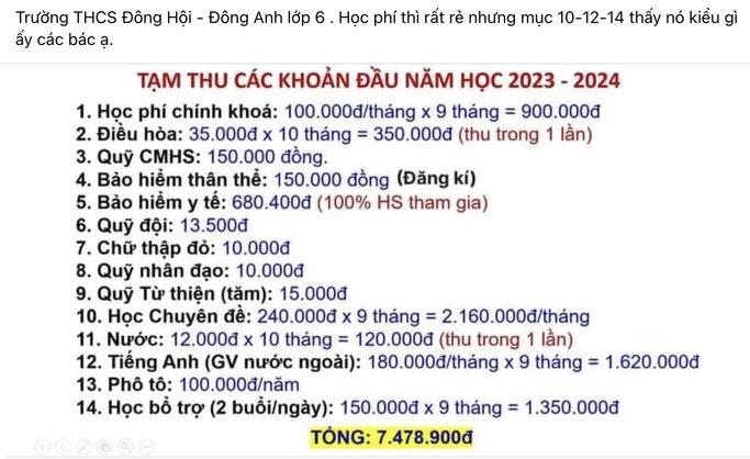 Bảng tạm thu đầu năm được cho là của Trường THCS Đông Hội, Đông Anh, Hà Nội. Ảnh: Phụ huynh cung cấp