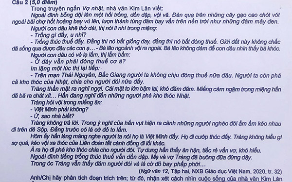 Đề thi về tác phẩm Vợ nhặt từng bị chê cũ. Ảnh: Chụp màn hình