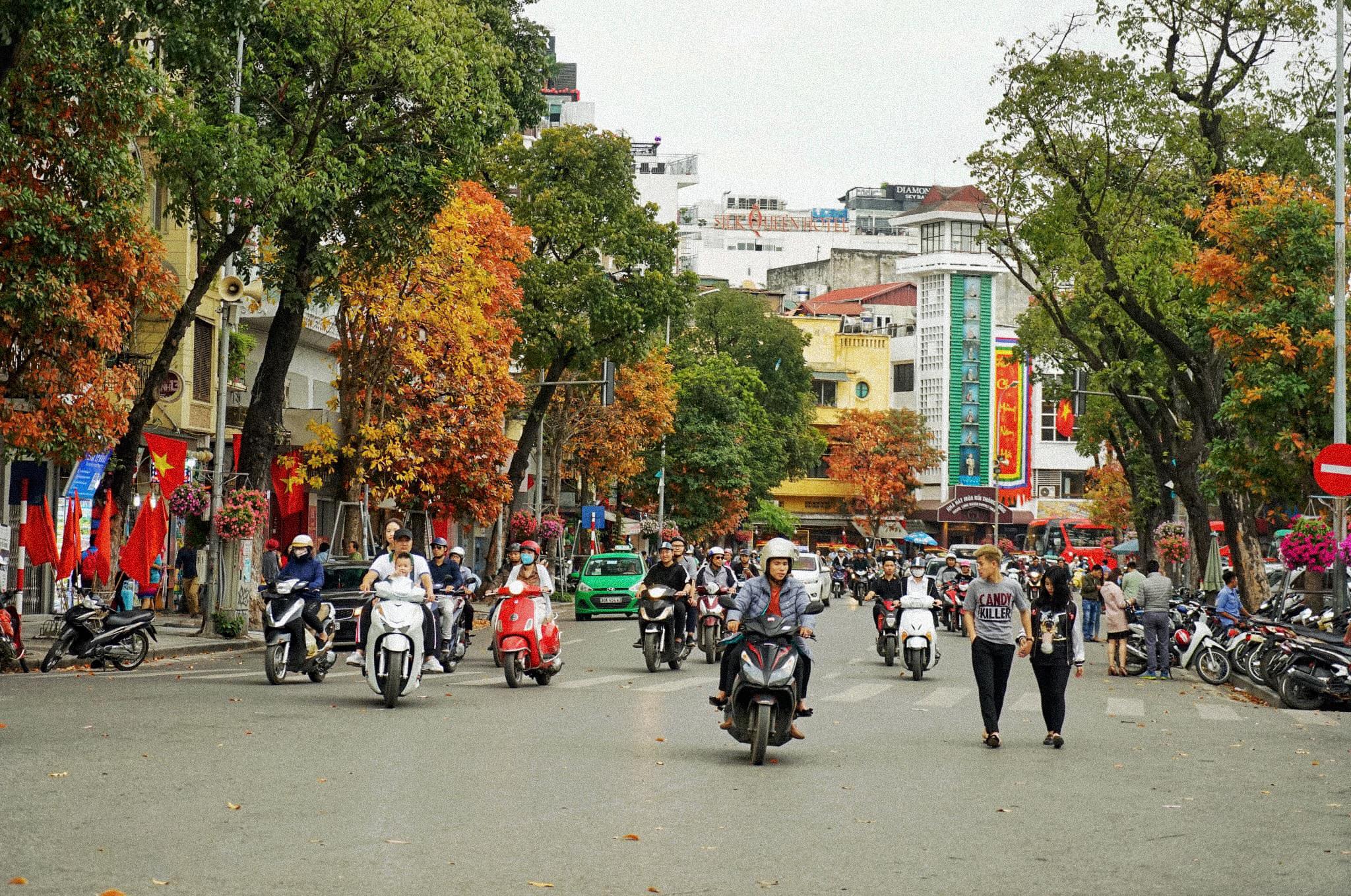 Thời điểm giao mùa, trên khắp góc phố, ngõ nhỏ, những tán lá xen lẫn sắc vàng, đỏ, khiến cho không gian trở nên lãng mạn hơn, khiến nhiều người phải ngoái nhìn trước vẻ đẹp của Hà Nội mùa thay lá. Ảnh: Leotran