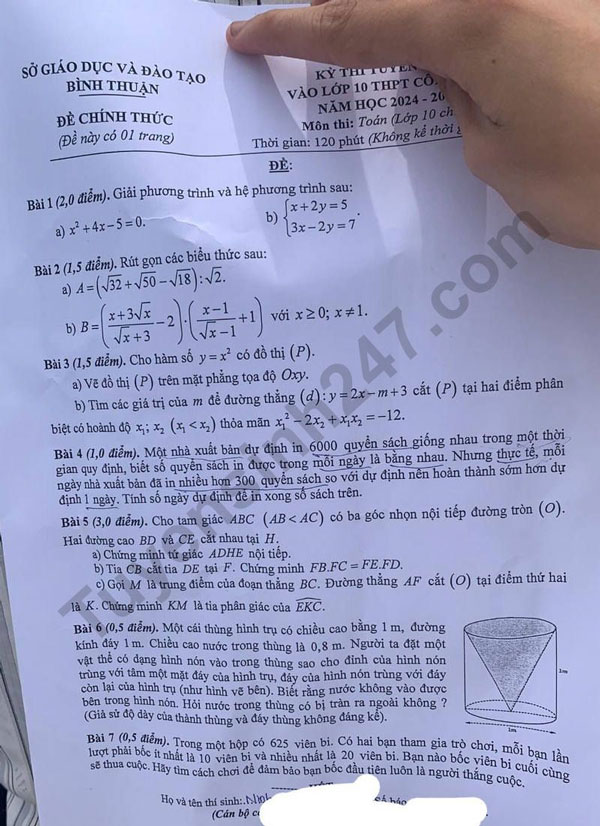 Đề thi môn Toán vào lớp 10 - Bình Thuận 2024. Ảnh: Tuyensinh247