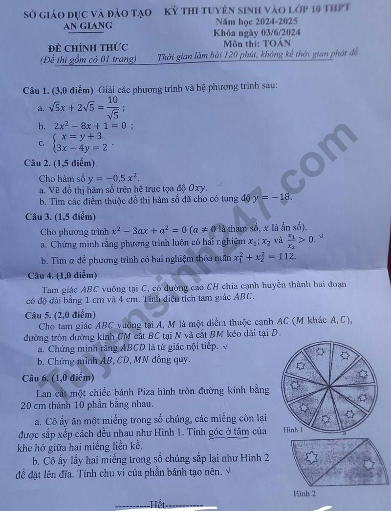 Đề thi môn Toán vào lớp 10 - An Giang 2024. Ảnh: Tuyensinh247