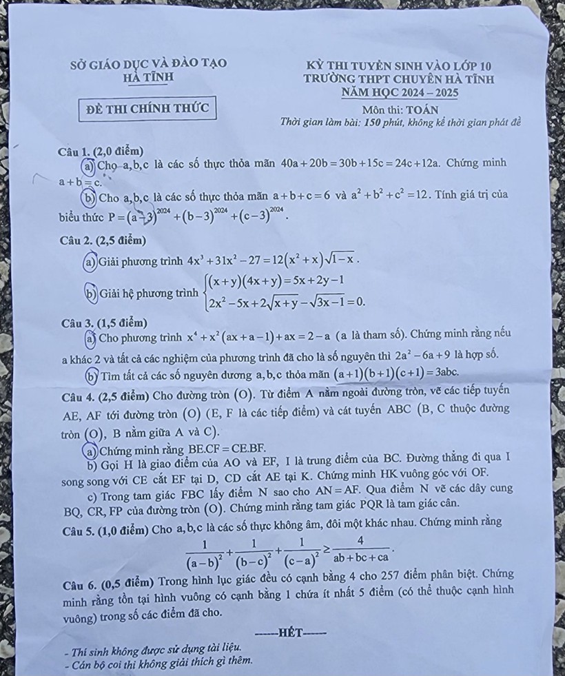 Đề thi môn Toán lớp 10 THPT chuyên Hà Tĩnh.