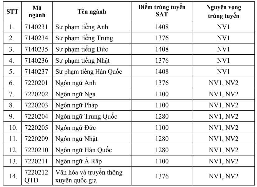 Kết quả xét tuyển bằng chứng chỉ quốc tế. Ảnh: Website nhà trường