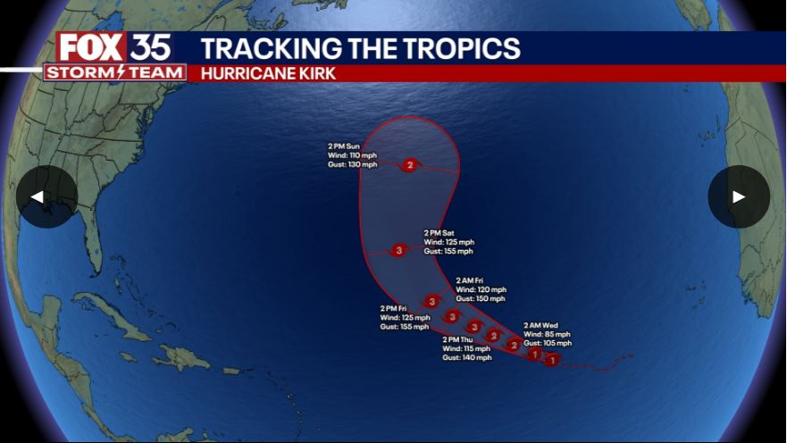 Dự báo đường đi của bão Kirk. Ảnh: Fox Weather