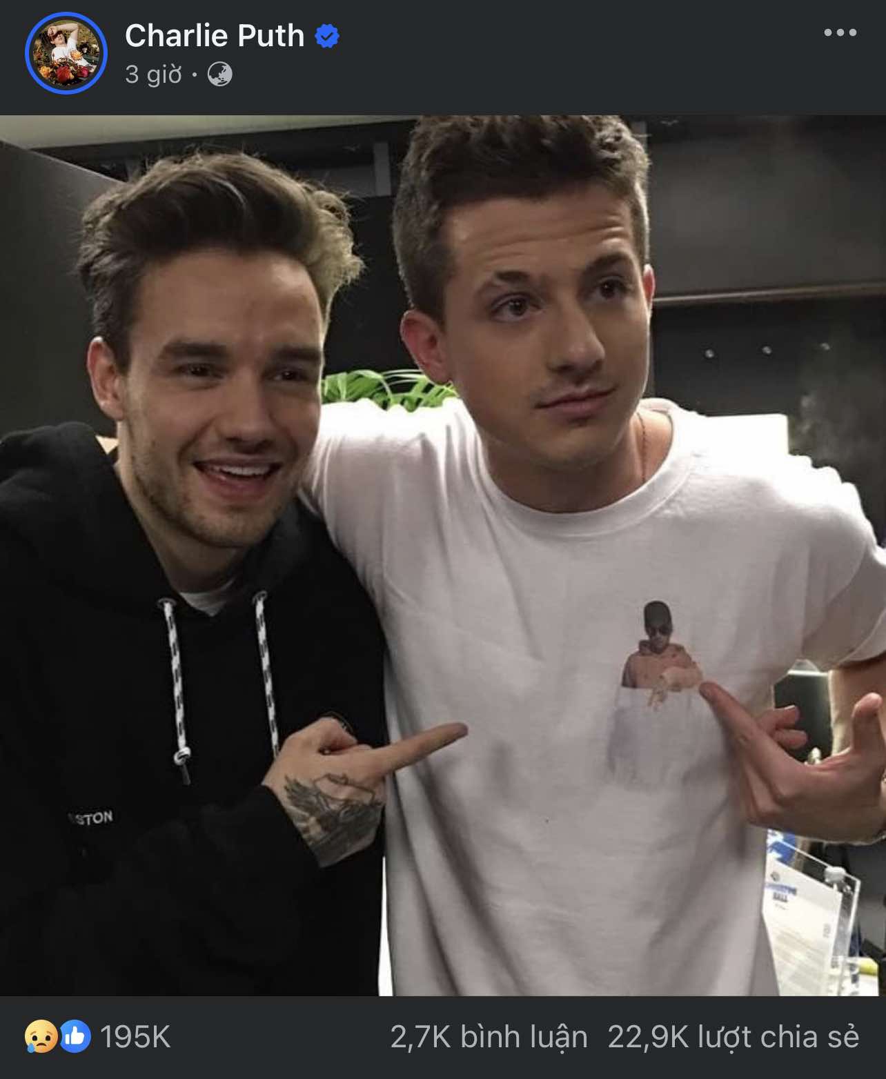 Charlie Puth chia sẻ ảnh chụp chung với cựu thành viên One Direction và gửi lời chia buồn. Ảnh: Charlie Puth