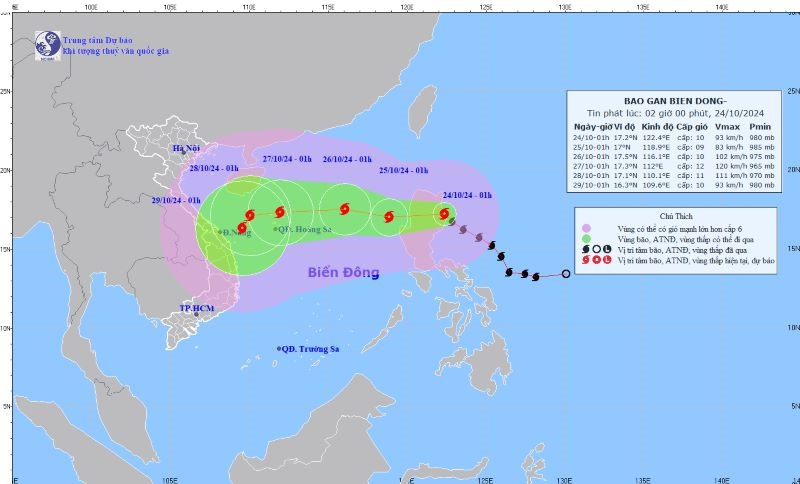 Vị trí và hướng đi của bão số 6 ngày 24/10. Ảnh: TT KTTV