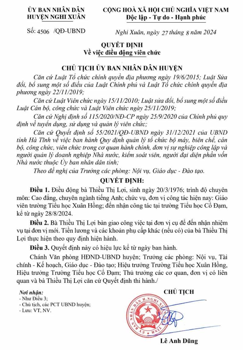 Quyết định điều động, chuyển trường đối với cô giáo Thiều Thị Lợi. Ảnh: Quang Đại