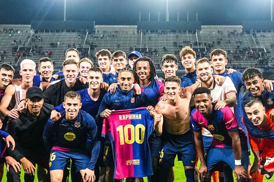 Đây cũng là trận đấu thứ 100 của Raphinha trong màu áo Barcelona. Ảnh: FC Barcelona