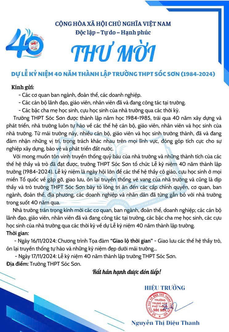 Thư mời của lãnh đạo nhà trường gửi các thế hệ thầy trò, cơ quan, tổ chức, doanh nghiệp và người dân dự lễ kỷ niệm 40 năm thành lập trường. soc-11-4644-3790.jpg