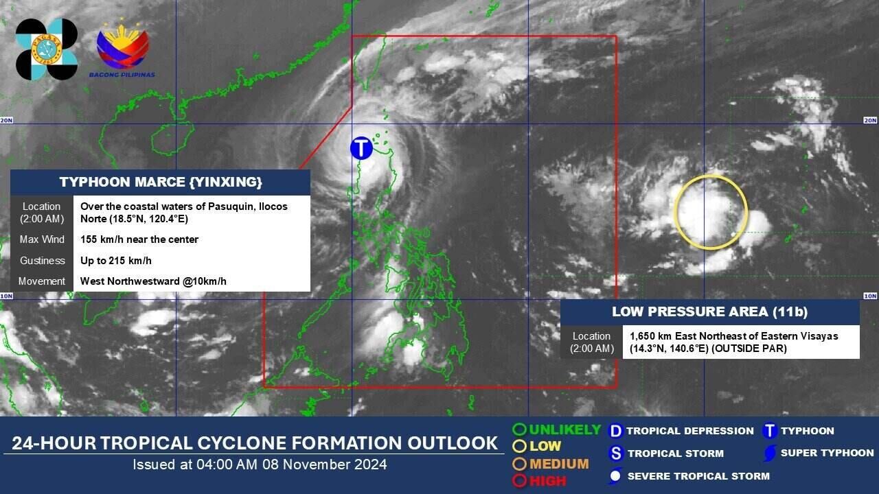 Áp thấp gần Biển Đông xuất hiện lúc 2h sáng 8.11. Ảnh: PAGASA