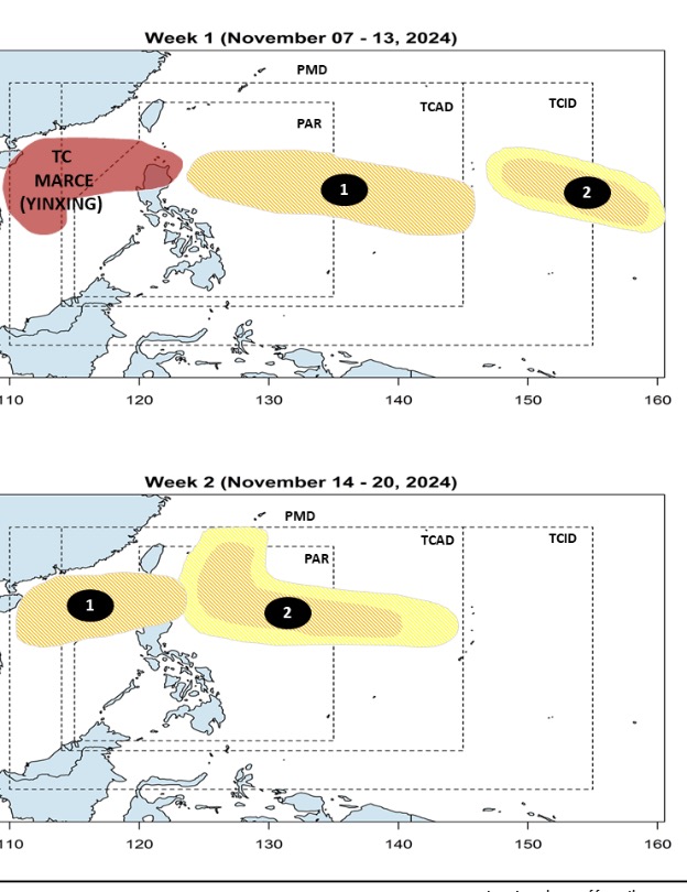 2 áp thấp có khả năng mạnh lên thành bão ngay sau Yinxing trong dự báo ngày 7.11 của PAGASA. Ảnh: PAGASA