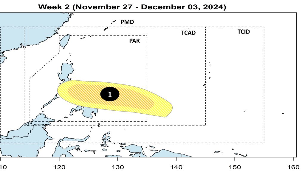 Dự báo xuất hiện áp thấp gần Philippines trong tuần từ 27.11-3.12.2024. Ảnh: PAGASA