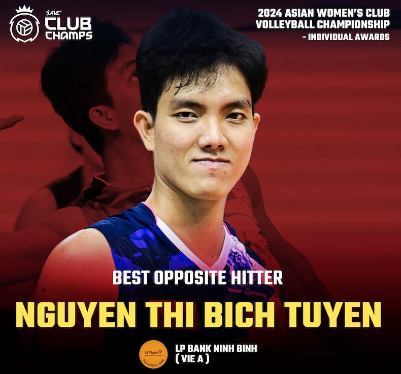 Bích Tuyền từng được vinh danh là “Đối chuyền xuất sắc nhất” tại giải bóng chuyền các câu lạc bộ nữ châu Á 2024. Ảnh: AVC