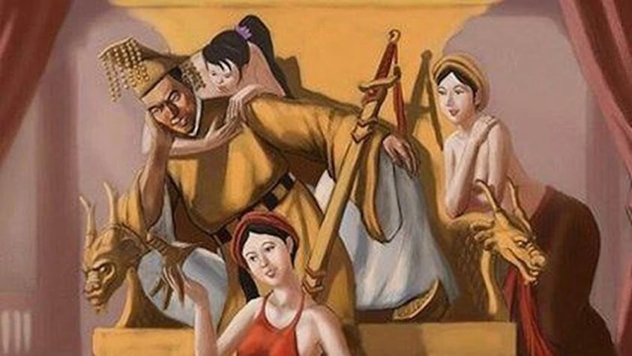 Tranh minh họa vua Trần Dụ Tông đi chơi bị cướp mất ấn tín. Ảnh: ITN.