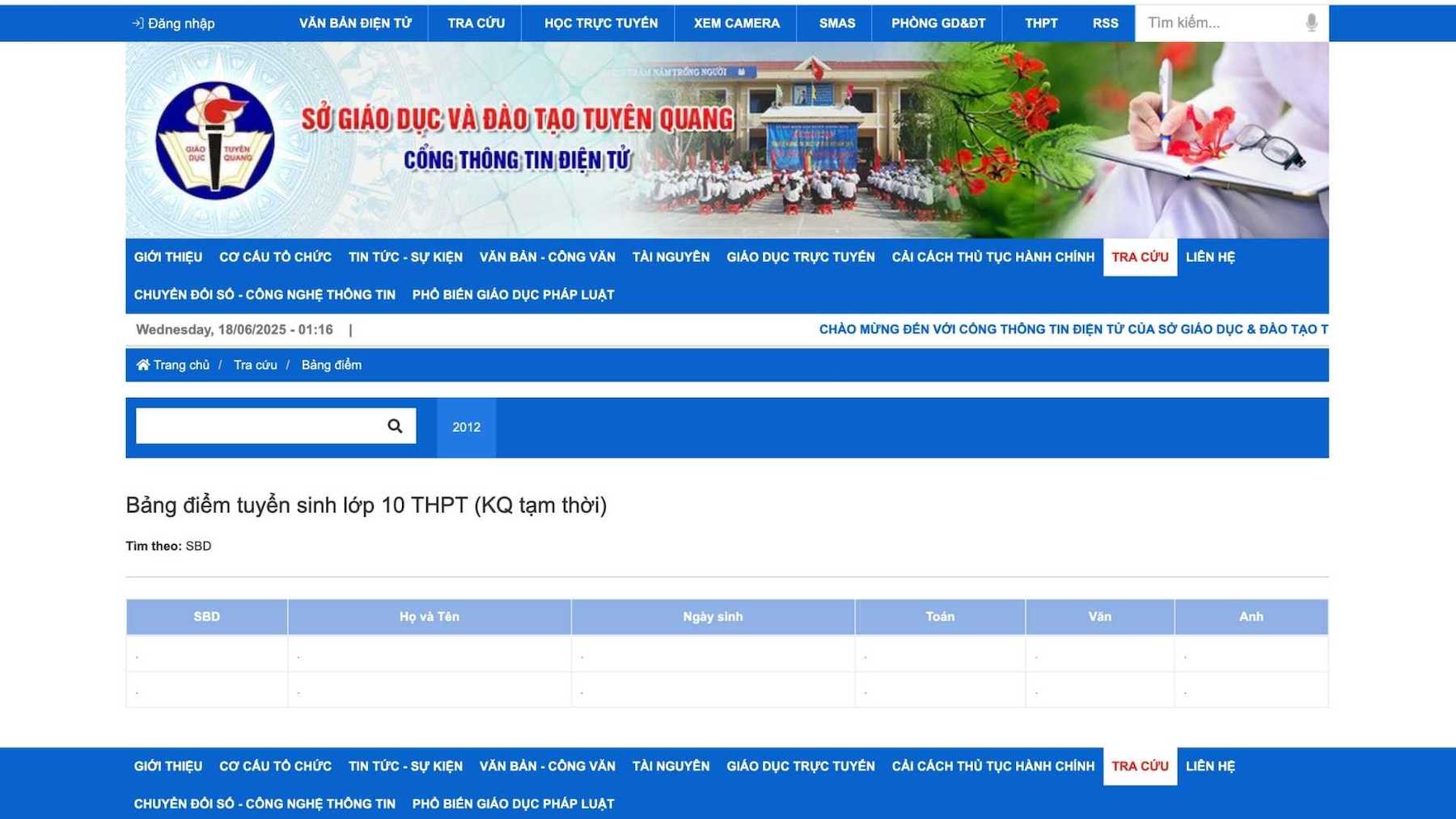 Giao diện website tra cứu điểm thi vào lớp 10 năm học 2025 - 2026 tại Tuyên Quang.