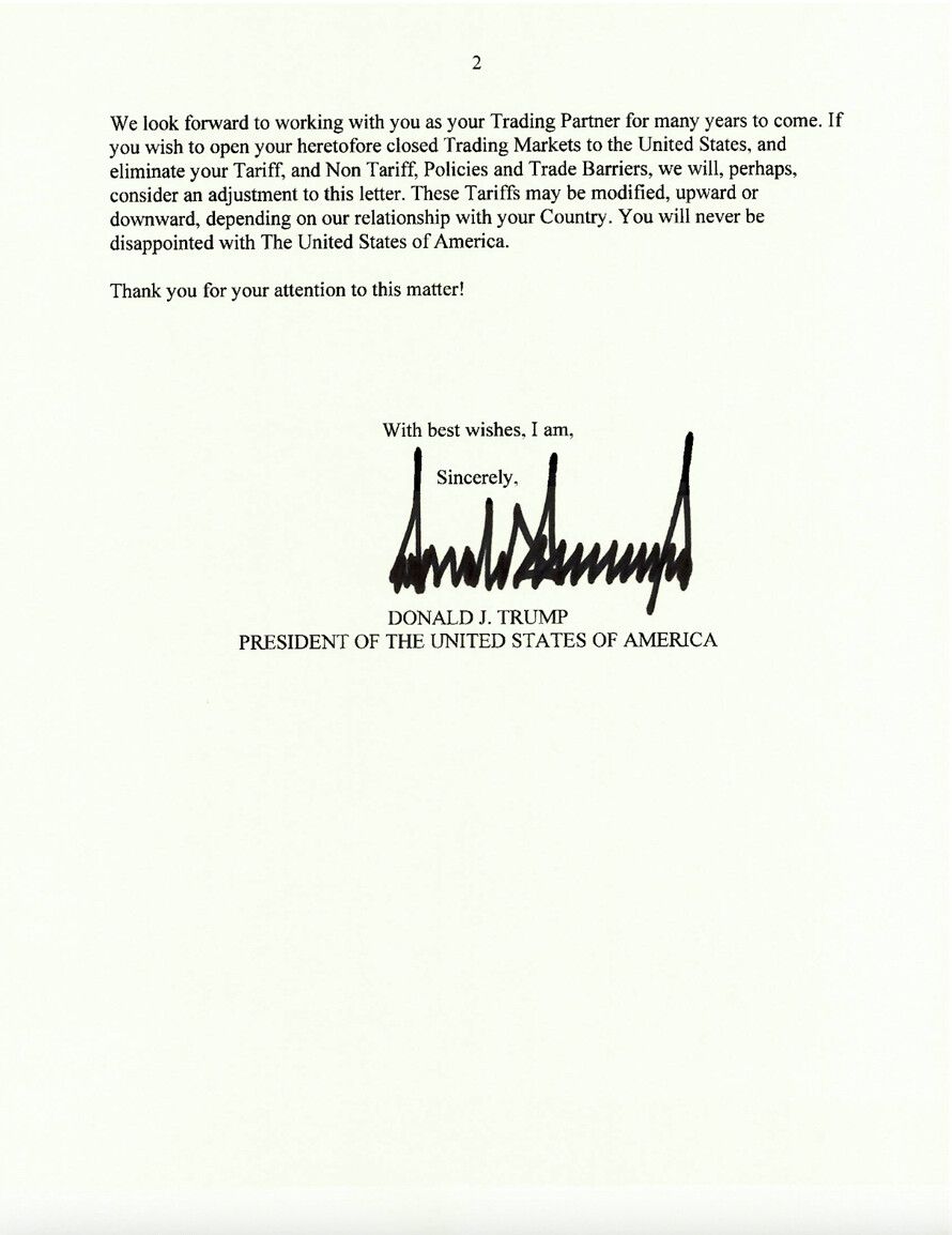 Trên mạng Truth Social, ông Trump đăng tải thư thông báo áp thuế 36% với Campuchia. Ảnh: Truth Social/@realDonaldTrump
