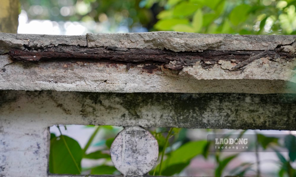 Từng mảng vữa tróc ra từ trần, tường và lan can của căn nhà để lộ lớp sắt thép hoen gỉ.