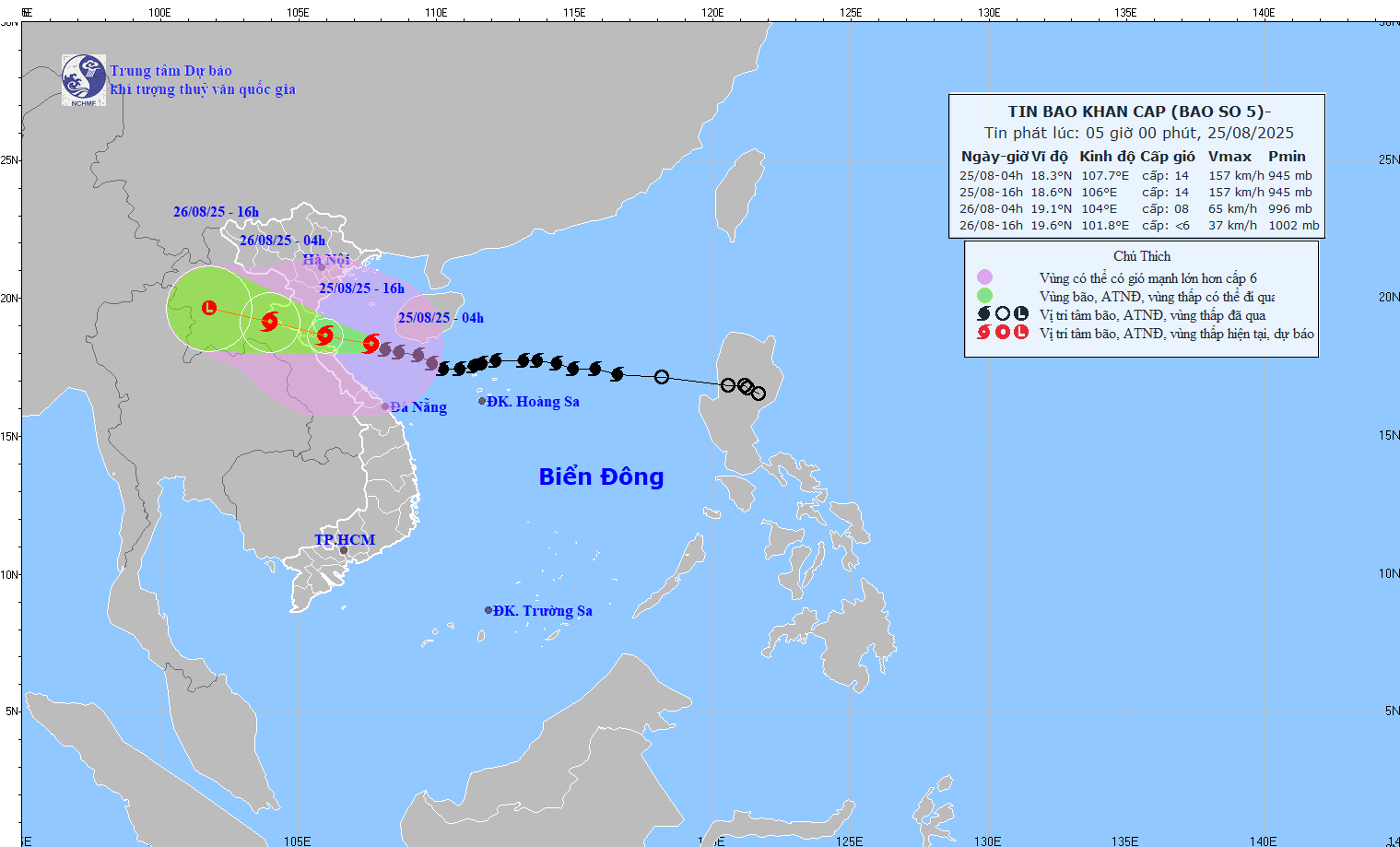 Bản đồ dự báo quỹ đạo và cường độ bão số 5 phát lúc 5 giờ ngày 25.8. Nguồn: Trung tâm Dự báo Khí tượng Thủy văn Quốc gia