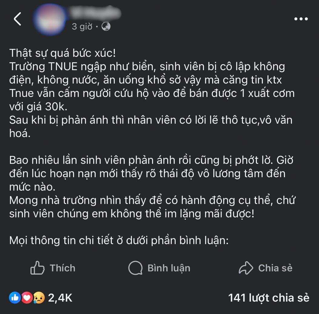 Bài viết đang lan truyền về việc sinh viên tại Thái Nguyên bị ngăn cứu trợ giữa mưa lũ gây xôn xao dư luận. Ảnh: Vi Huy.