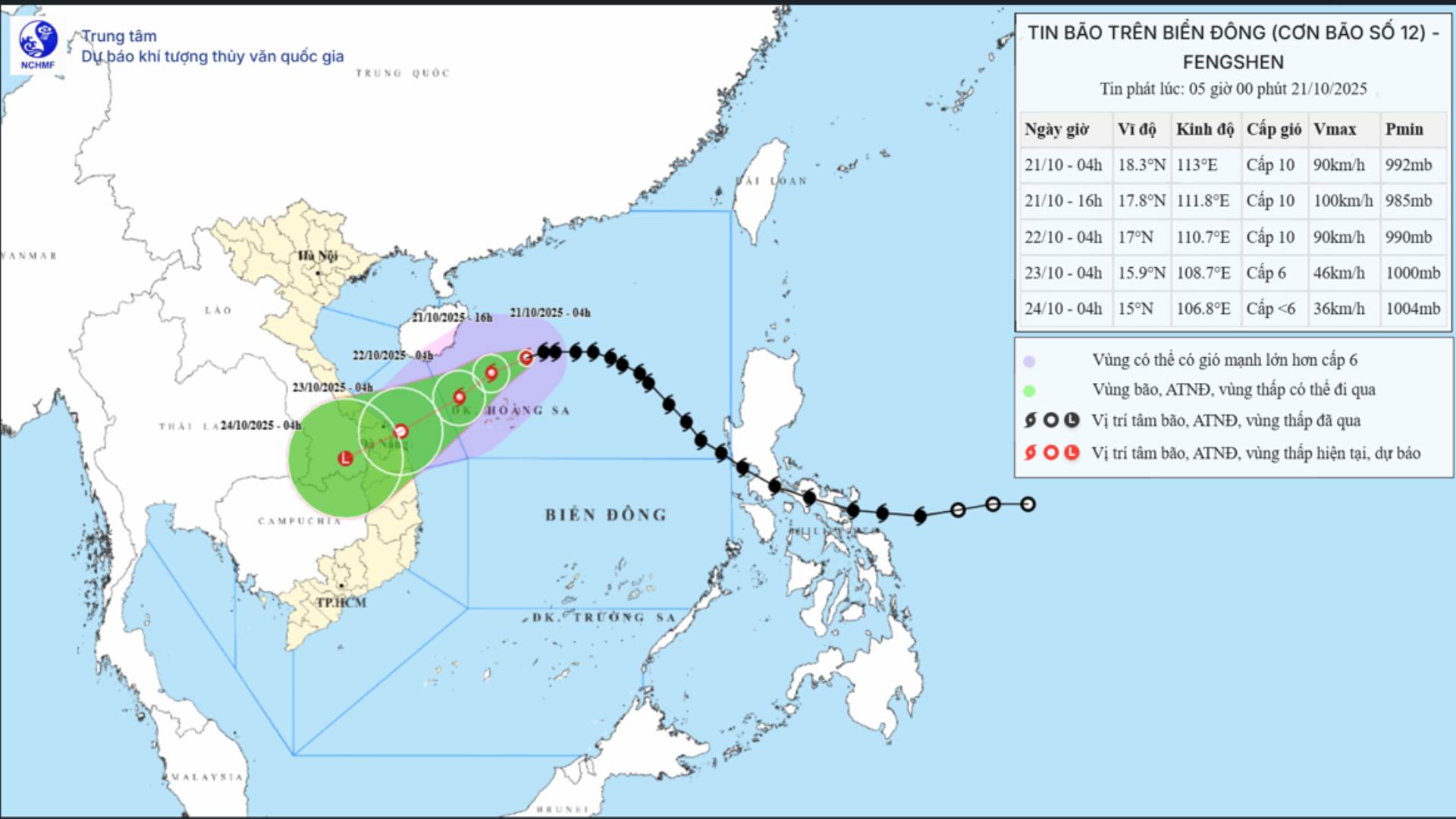 Cập nhật vị trí bão số 12 Fengshen vào 5 giờ ngày 21.10. Nguồn: Trung tâm Dự báo Khí tượng Thủy văn Quốc gia