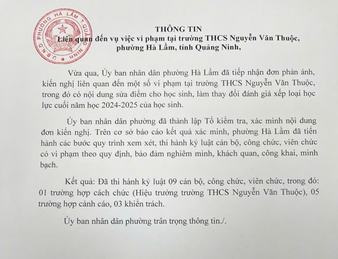 UBND phường Hà Lầm thông tin xử lý vụ sửa điểm