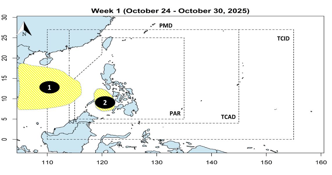 Dự báo 2 áp thấp trong tuần từ ngày 24-30.10. Ảnh: PAGASA