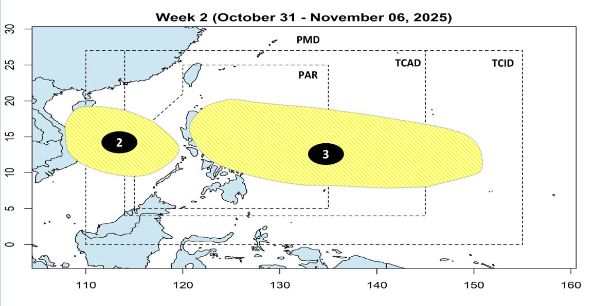 Dự báo áp thấp 2 và 3 trong tuần từ ngày. Ảnh: PAGASA