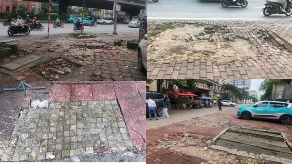 Nhiều đoan vỉa hè tại Hà Nội bị bong tróc sau bão lũ cần được sửa chữa. Ảnh: Minh Hạnh