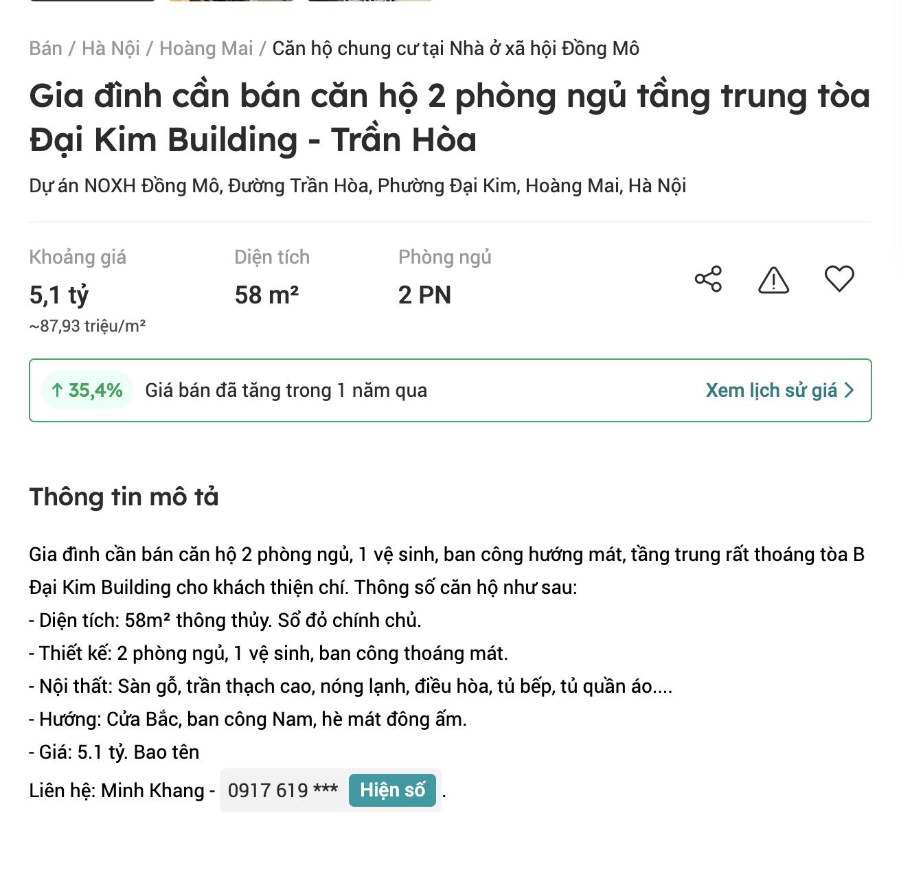 Thông tin rao bán nhà ở xã hội Đại Kim Building, giá vượt 80 triệu đồng/m2. Ảnh: Nam Phong
