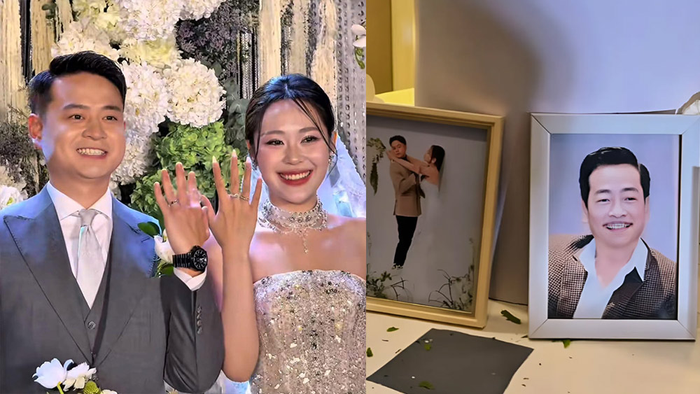 Con trai NSND Hoàng Dũng đặt ảnh tưởng nhớ bố trong ngày cưới. Ảnh cắt từ video