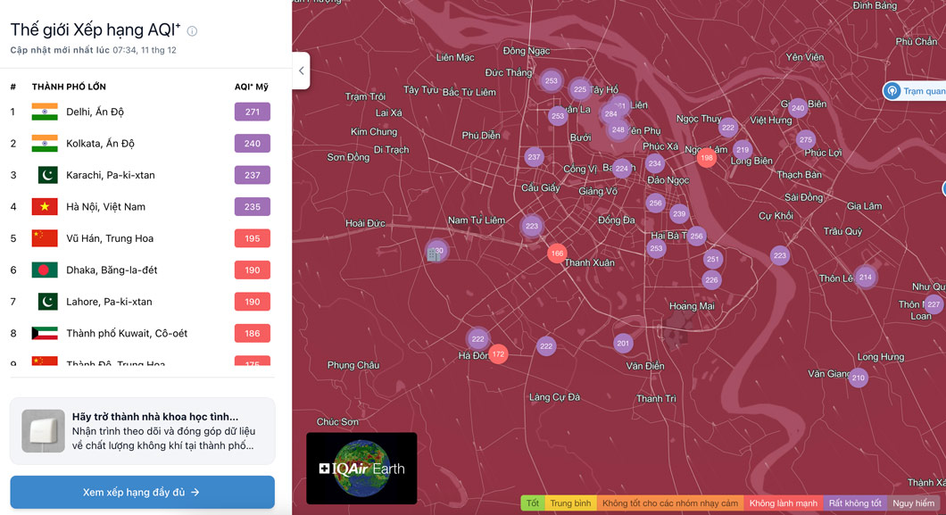 7h30 sáng nay, Hà Nội ô nhiễm thứ 4 trên thế giới, nhiều điểm đo AQI ở ngưỡng tím. Ảnh: IQAir