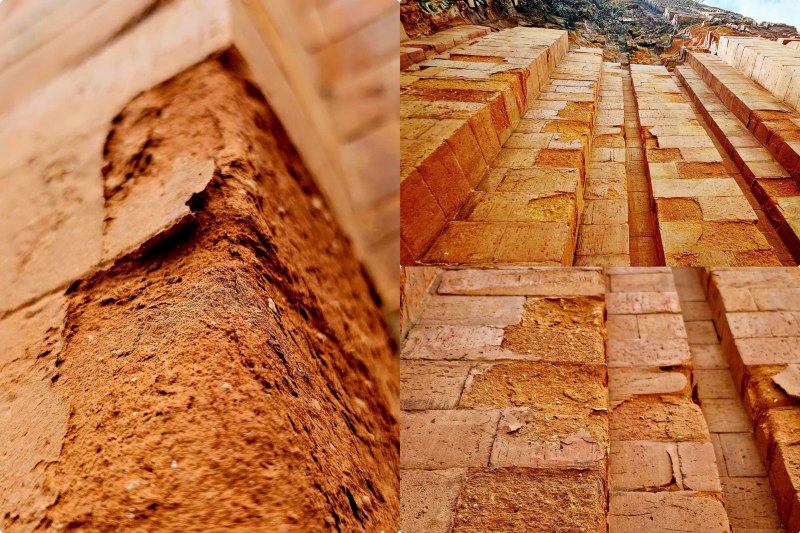 Bức tường gạch tháp Bắc của cụm tháp Chăm Khương Mỹ mủn nát, ngay khi dự án trùng tu 12,6 tỉ đồng hết hạn bảo hành. Ảnh: Nhóm PV