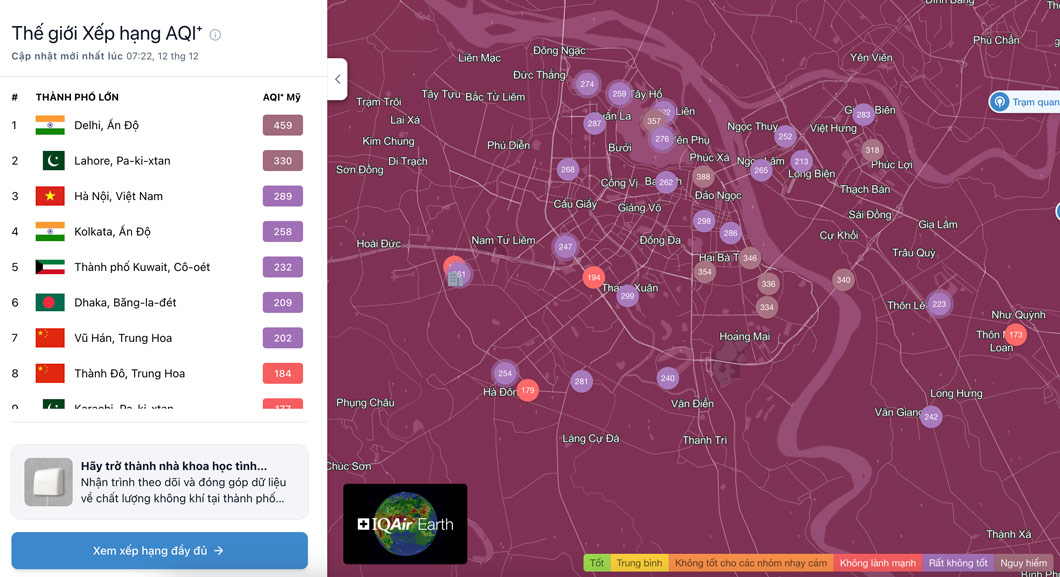 Lúc 7h20 hôm nay (12.12), Hà Nội là thành phố ô nhiễm thứ 3 trên thế giới. Ảnh: IQAir