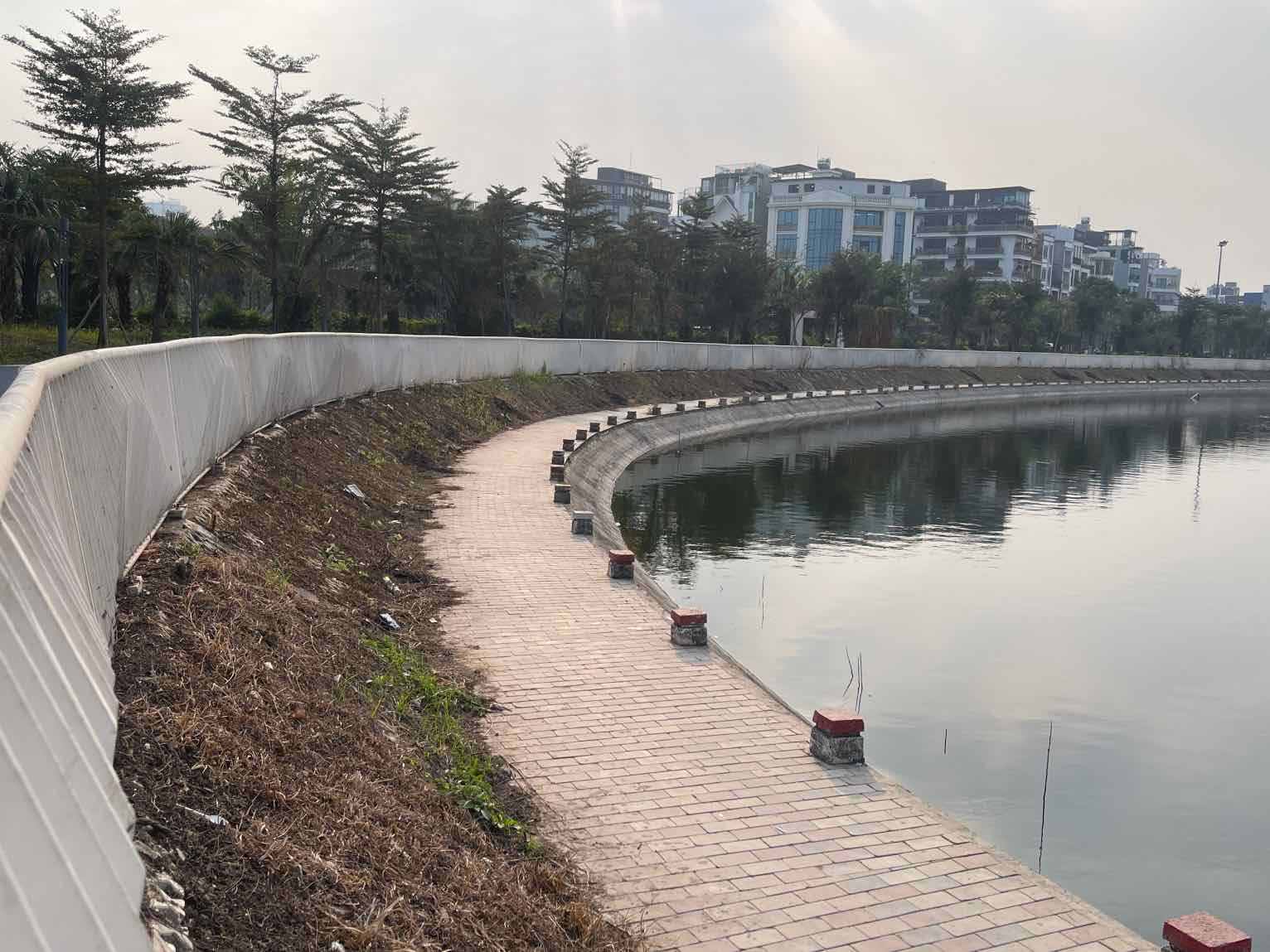 Cây cỏ chết khô quanh khu vực hồ điều hòa hiện đã được dọn dẹp sạch sẽ. Ảnh: Khánh An