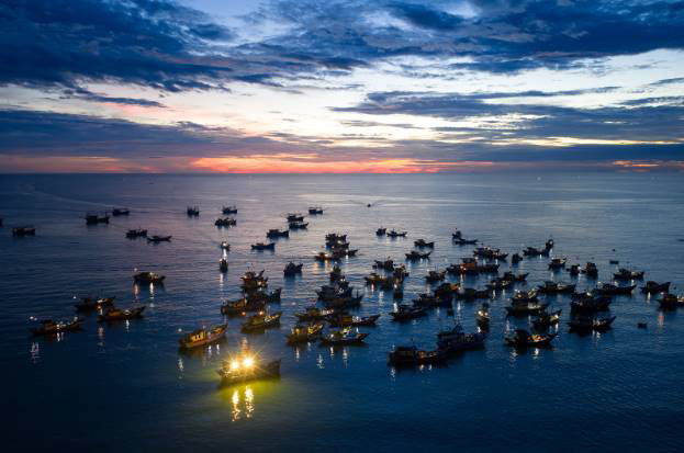 Bức tranh bình minh tấp nập nơi làng biển Tam Tiến.
