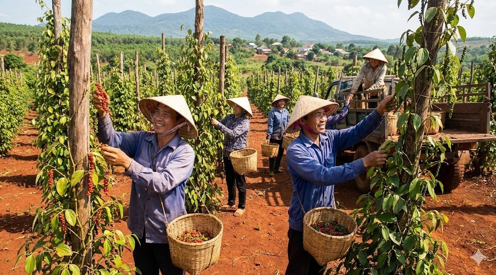 Nông dân thu hoạch hồ tiêu tại vùng chuyên canh. Hình minh họa