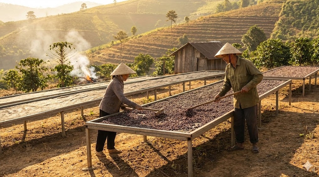 Nông dân Tây Nguyên phơi cà phê trong nắng sớm. Hình minh họa