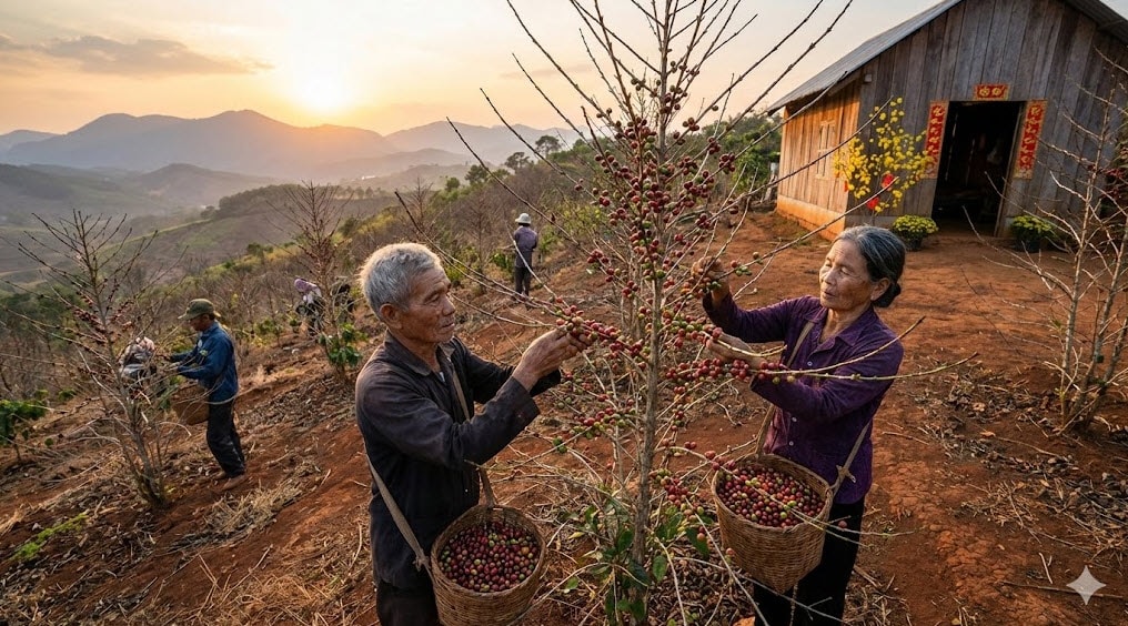 Nông dân Tây Nguyên đang trong giai đoạn cuối vụ thu hoạch, nguồn cung khan hiếm giúp giá cà phê nội địa neo ở mức cao kỷ lục trong những ngày giáp Tết. Hình minh họa