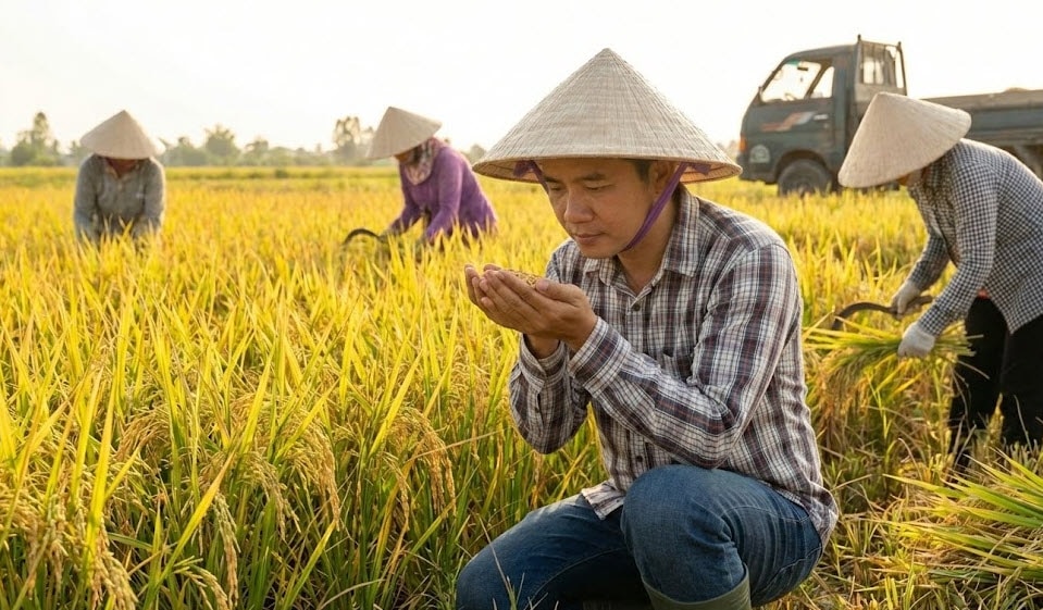 Thương lái kiểm tra chất lượng lúa vụ Đông Xuân tại ruộng