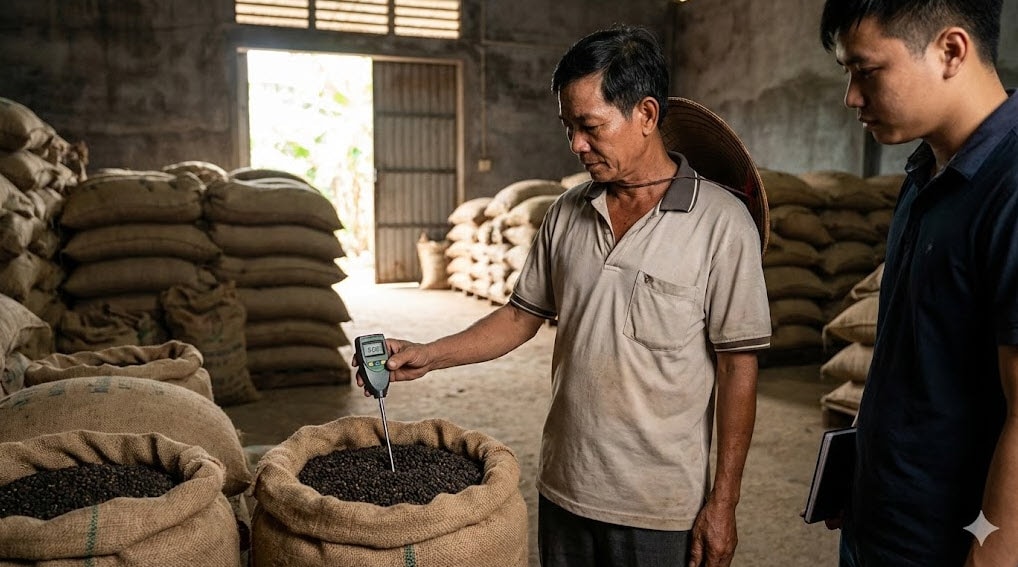 Thương lái kiểm tra độ ẩm hạt tiêu tại kho trước khi chốt giá thu mua sáng 19-1 - Ảnh minh họa
