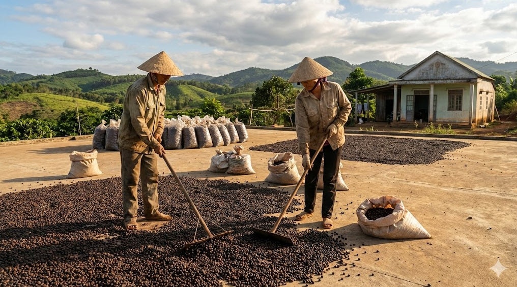 Nông dân Đắk Nông đang phơi mẻ cà phê cuối vụ. Tâm lý giữ hàng chờ giá cao dịp cận Tết 2026 giúp thị trường nội địa đứng vững trước đà giảm của thế giới.