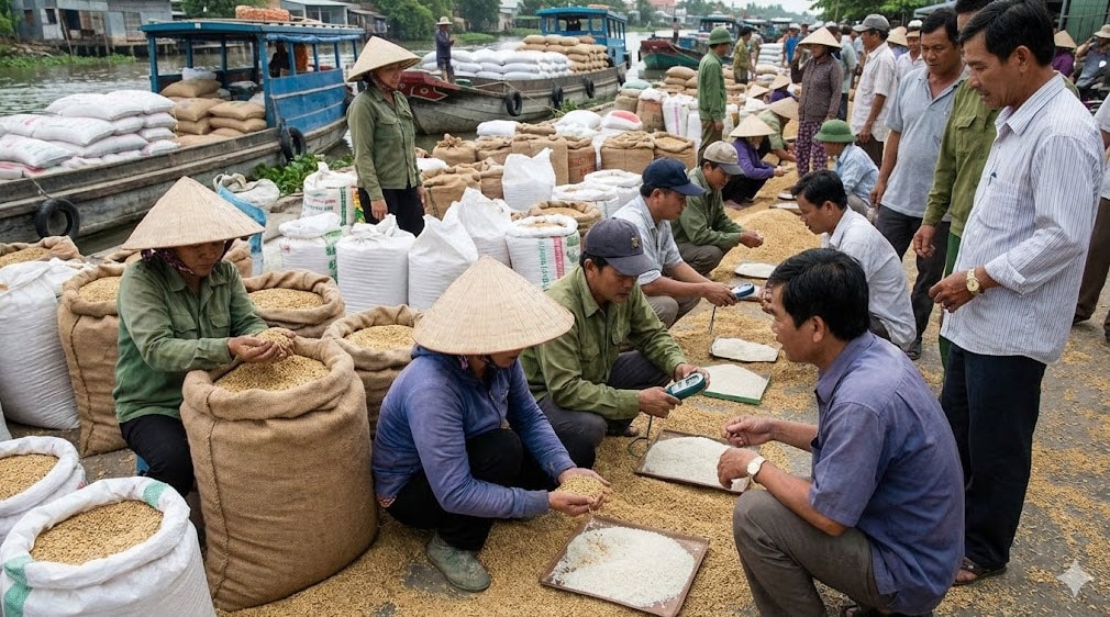 Gạo nguyên liệu và lúa tươi được sàn thương lái kiểm tra trước khi bán ra thị trường - Ảnh minh họa