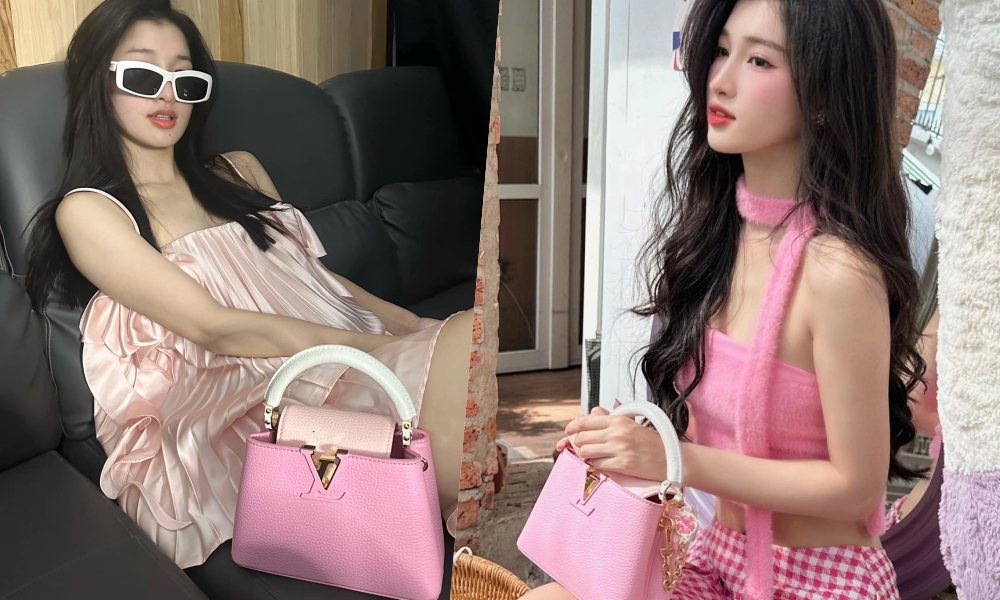 Á hậu Phương Nhi chuộng túi màu hồng của Louis Vuitton. Ảnh: Cắt từ video.