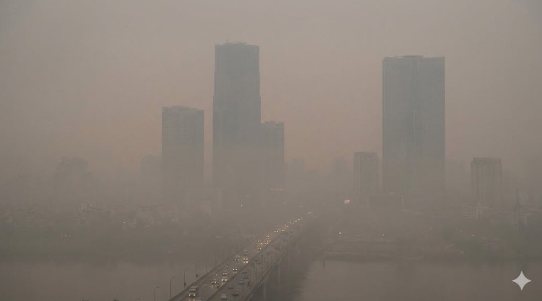 Sương mù dày đặc kết hợp bụi mịn khiến các tòa nhà cao tầng tại Hà Nội gần như biến mất vào sáng sớm 28-1