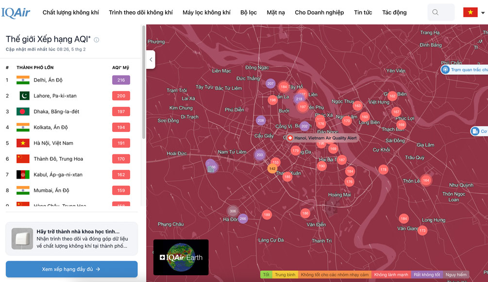 Lúc 8h25 sáng nay (5.2), Hà Nội là thành phố ô nhiễm thứ 5 trên thế giới. Ảnh: IQAir